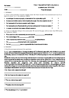 Đề kiểm tra học kì 1 môn Tiếng Anh Lớp 8 - Năm học 2019-2020 (Có đáp án)